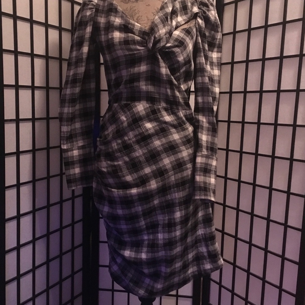 Jonathan Simkhai Black and White Plaid Twist-Front Midi Dress